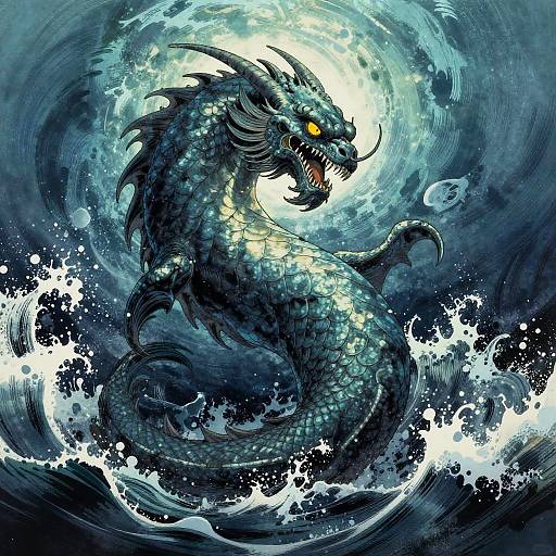 Digital art of a fierce, blue-scaled dragon with glowing yellow eyes, roaring amidst swirling ocean waves and white foam.
