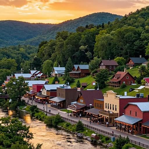 Photograph of a quaint, picturesque town at sunset with colorful wooden buildings along a river, lush green hills in the background, and a vibrant orange sky