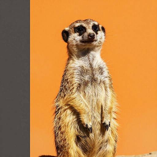 Photograph of a meerkat standing upright against a vibrant orange background, showcasing its detailed fur texture and alert expression.