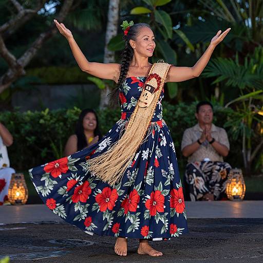 Photograph of a smiling woman with long black hair, wearing a blue floral dress and fringed sash, dancing outdoors at night, surrounded by seated
