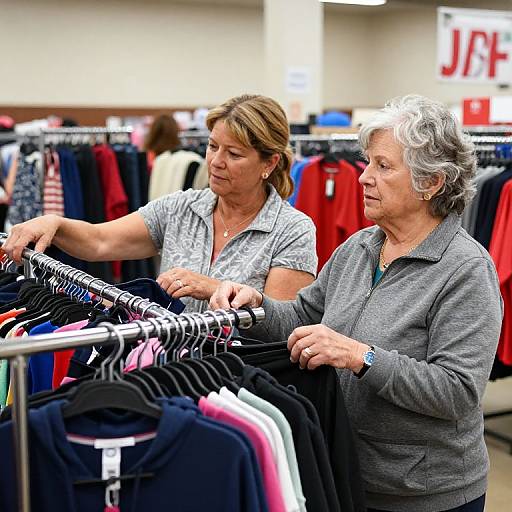 Photograph of two older women, one with short brown hair in a gray shirt and the other with white curly hair in a gray sweater, browsing clothing