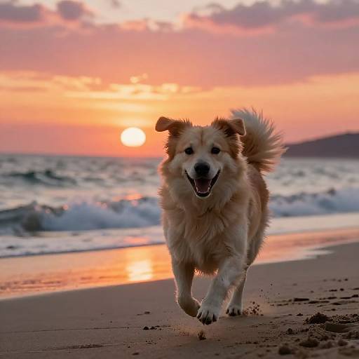 Photograph of a joyful golden retriever running on a sandy beach at sunset, with orange and pink sky, and waves in the background.