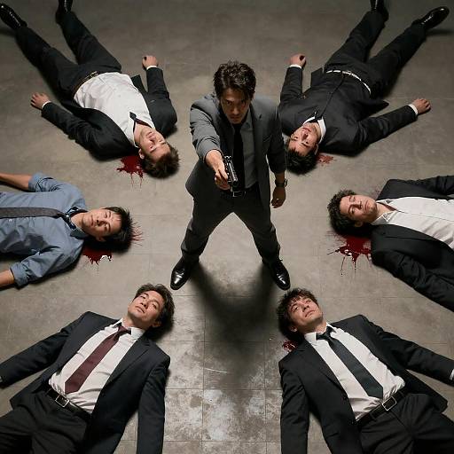 Man Standing Among Fallen Men with Gun