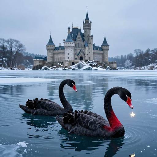 Photograph of two dark swans with red beaks and star reflections on a frozen lake, in front of a snow-covered, medieval castle.