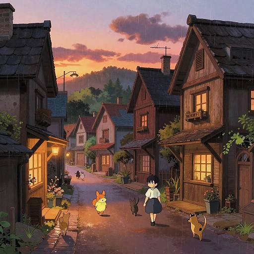 Digital anime-style drawing of a quaint, rain-soaked village at sunset, featuring adorable, glowing animal characters walking down a cobblestone street with charming