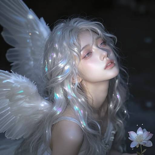 Digital artwork of a fair-skinned, ethereal angel with glowing, iridescent hair, white feathered wings, and a single white flower,