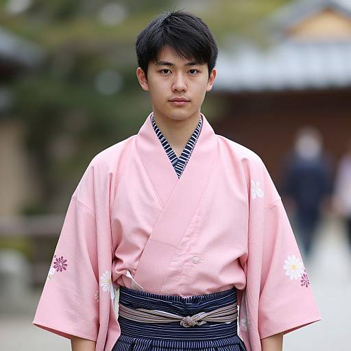 Photograph of a young Asian man with short black hair, wearing a pink kimono with blue-striped collar and navy obi, standing outdoors in front