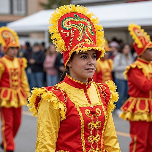 Photograph of a Latina woman in vibrant red and yellow Renaissance-style costume with intricate embroidery, yellow feathered hat, marching in a parade, blurred crowd