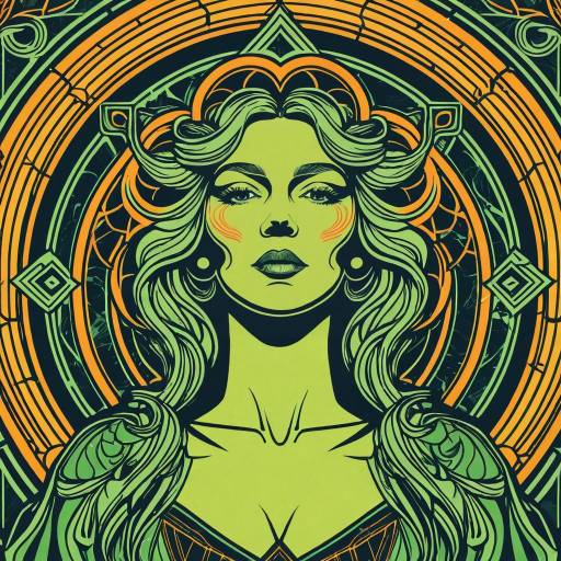 Neon Olive Art Nouveau Woman Illustration