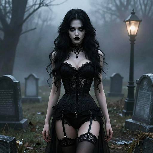 Gothic woman with pale skin, long black hair, dark lipstick, black lace corset, garter belt, and stockings, stands in a
