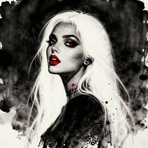 Gothic digital painting of a pale-skinned woman with long white hair, red lips, and intense red eyes, set against a black and white