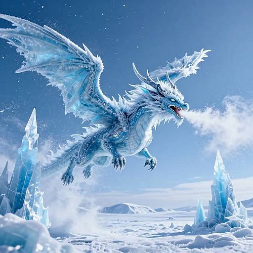 Digital art of a blue, ice-covered dragon with glowing wings soaring over a snowy landscape with jagged ice crystals. Dynamic, icy scene.