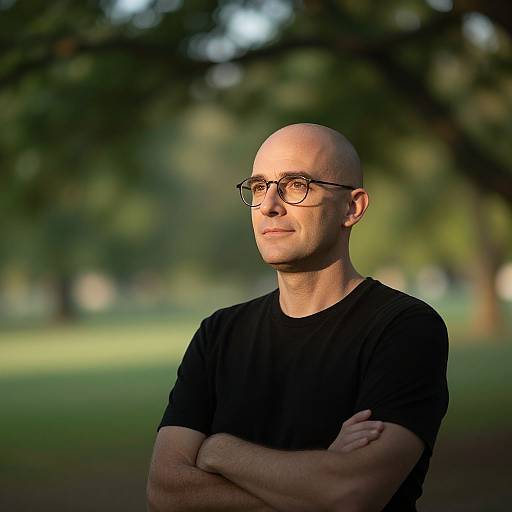 Photograph of a bald, middle-aged man with glasses, wearing a black t-shirt, standing with arms crossed in a sunlit park.