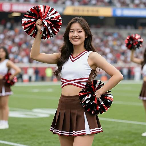 Photograph of a smiling Asian cheerleader with long black hair, wearing a white and brown crop top and skirt, holding red and black pom-poms