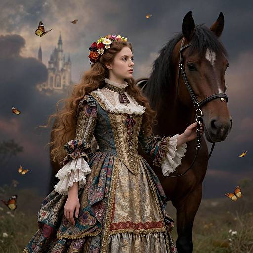 Medieval princess with long brown hair, floral crown, ornate dress, and white lace, stands beside a dark brown horse, surrounded by butterflies,