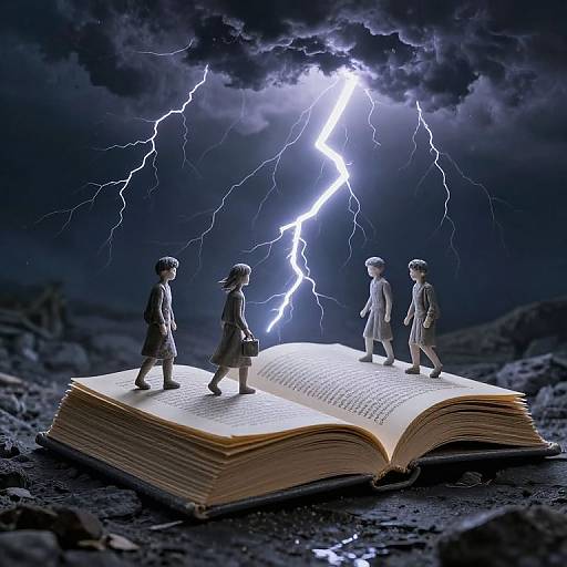 Digital anime-style illustration of four children walking on an open book during a lightning storm, dark cloudy sky, and rocky landscape.