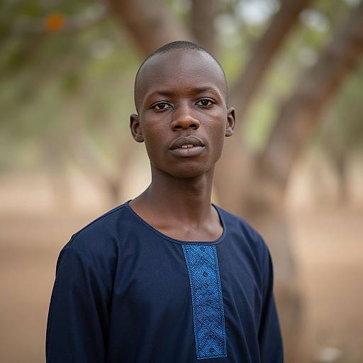 Photograph of a young, serious-looking African man with short hair, wearing a black shirt with a blue patterned panel, standing outdoors against a blurred