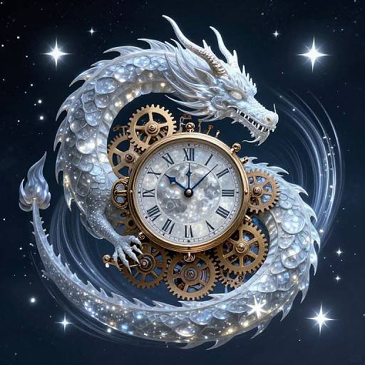 Digital art: Glittering white dragon coils around a clock with gold gears, Roman numerals, and black hands, set against a starry night