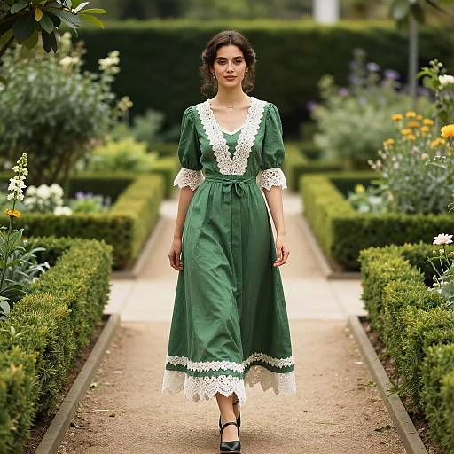 Photograph of a young woman with dark hair in a green dress with white lace, walking down a garden path surrounded by trimmed hedges and colorful flowers