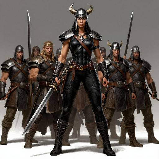 Digital artwork of a muscular, dark-haired woman in black leather armor and horned helmet, standing confidently with a sword, flanked by five burly