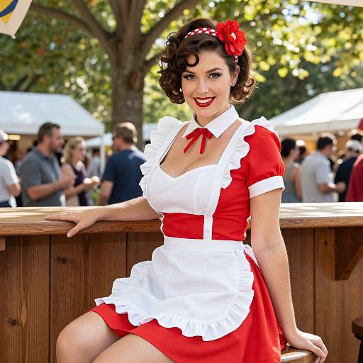 Photograph of a smiling, curvy woman with fair skin and dark curly hair, wearing a red and white maid dress, red flower headband,