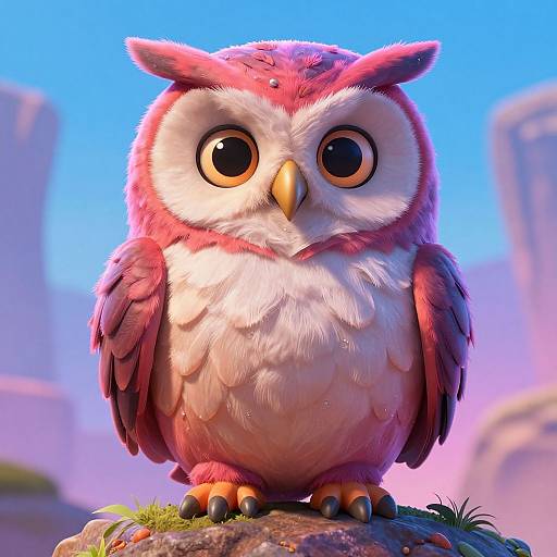 Cute, cartoon-style, pink and white owl with large, expressive eyes and yellow beak stands on a rock against a vibrant blue sky. Digital