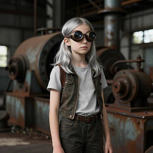 Teenage Girl in Steampunk Goggles in Abandoned Factory