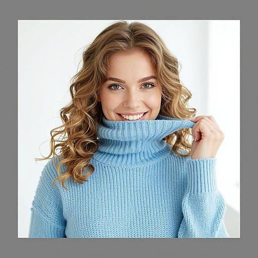 Photograph of a smiling woman with wavy brown hair, wearing a light blue knitted turtleneck, gently pulling the collar with her right hand