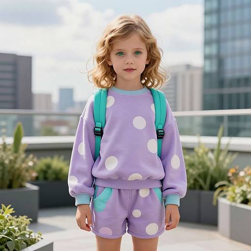 Photograph of a young girl with curly blonde hair, wearing a lavender polka-dot sweater and shorts, turquoise backpack, standing on a rooftop with city
