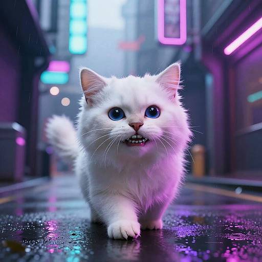 Digital artwork of a fluffy white kitten with blue eyes, walking on a neon-lit, rainy city street, reflecting vibrant pink and blue lights.