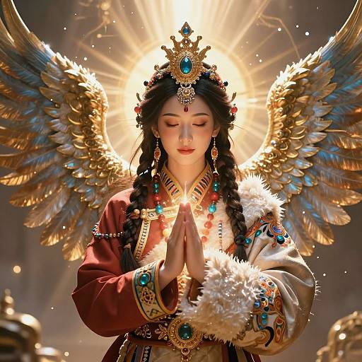 Digital art of a serene, winged woman with braided dark hair, golden crown, and red robe, praying with hands together, radiant sunlight and
