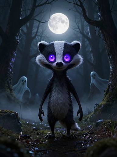 Digital artwork of a glowing-eyed, anthropomorphic badger standing in a spooky, moonlit forest with ghostly figures in the background.