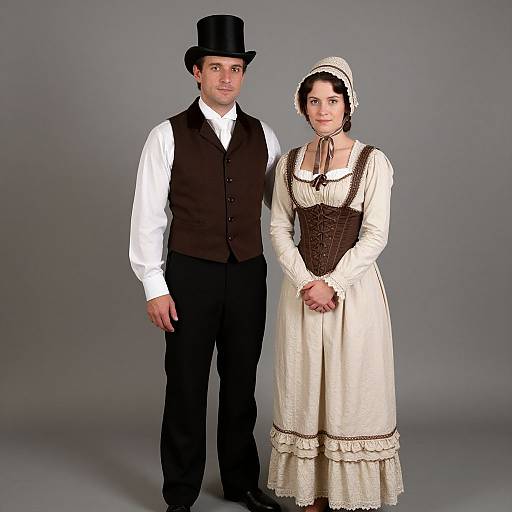 Photograph of a 19th-century couple; man in black vest, white shirt, top hat, black pants; woman in white dress with brown