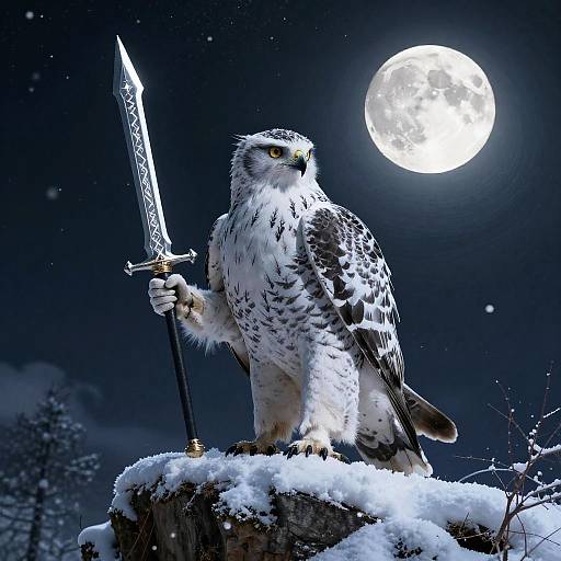 Digital art: Snowy owl with piercing yellow eyes holds an ornate sword, standing on a snow-covered tree stump under a bright full moon. Night