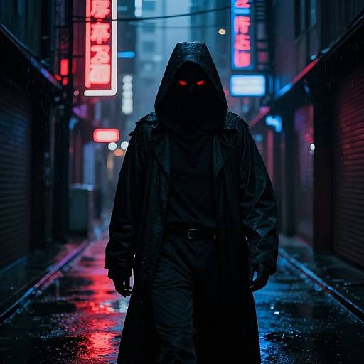 Mysterious figure in black hooded raincoat with glowing red eyes stands in neon-lit, rain-soaked alley at night. Digital artwork.