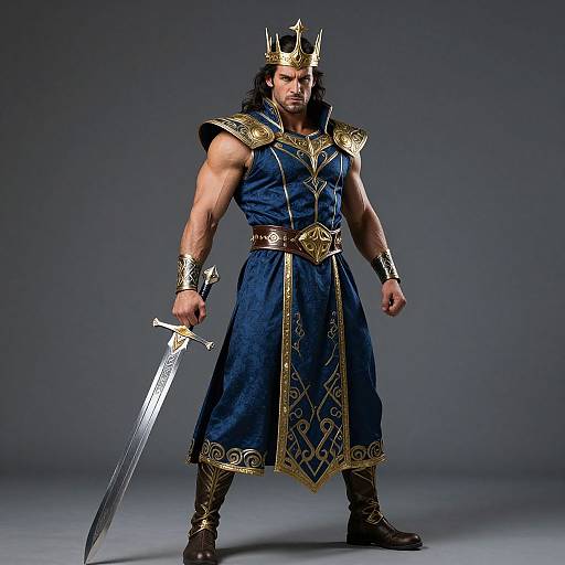 Photograph of a muscular man with long black hair, wearing a gold crown, blue ornate tunic, and armor, holding a sword, standing