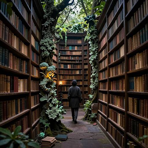 Photograph of a dimly lit, narrow library aisle with dark wooden bookshelves, lush green vines, and a solitary figure in a black coat