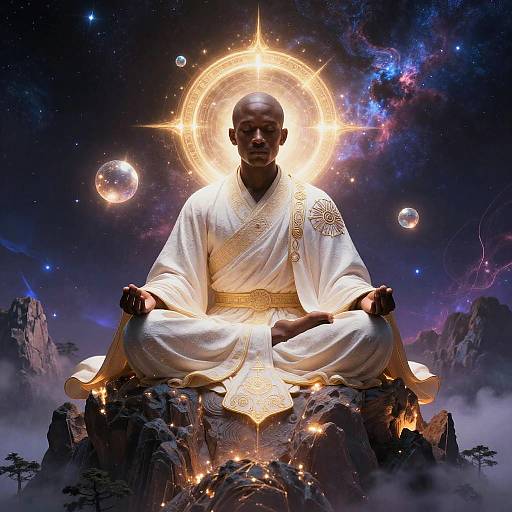 Digital artwork of a bald, dark-skinned Buddha in white robes meditating on a rocky mountain, surrounded by celestial orbs and a radiant halo, with