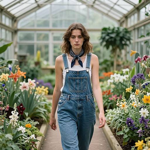 Woman in Glass Greenhouse with Flowers