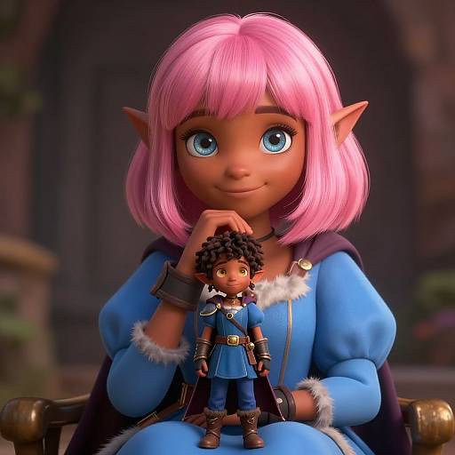 CGI image of a pink-haired, blue-eyed elf girl in a blue dress, holding a small, dark-skinned male adventurer doll.