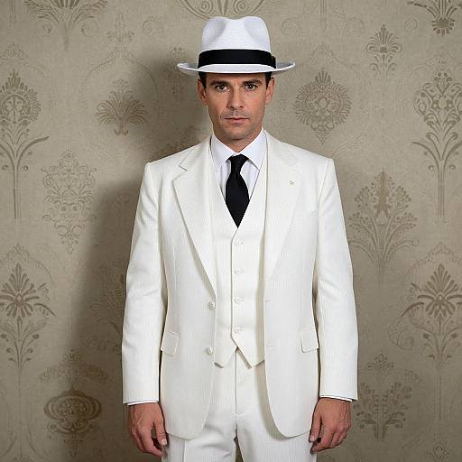 Photograph of a man in a white suit, black tie, and white fedora with black band, standing against ornate beige wallpaper.