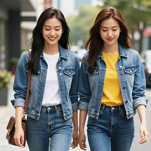 Two Asian Women in Denim Jackets Walking Outdoors