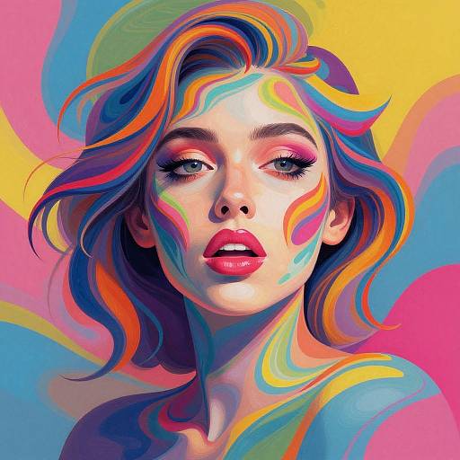 Digital pop art portrait of a woman with vibrant, multicolored hair and face paint, set against a swirling yellow, pink, and blue background.