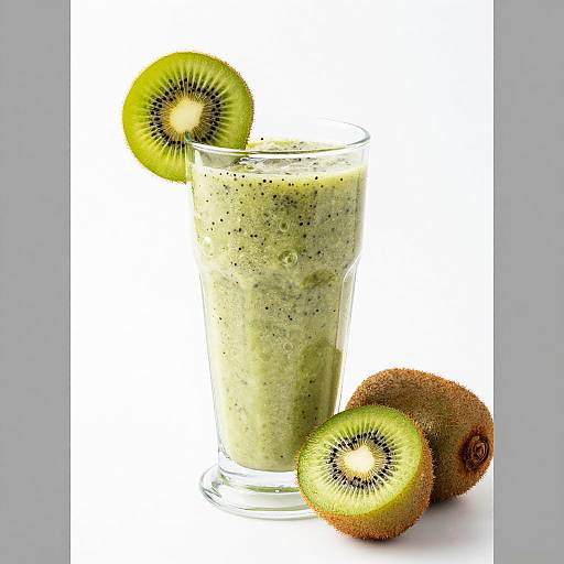Photograph of a green kiwi smoothie in a glass with a kiwi slice garnish, beside two whole kiwis and a halved ki