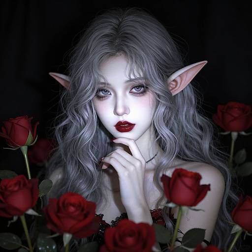 Digital artwork of a pale, ethereal elf woman with long silver hair, pointed ears, and white face, surrounded by red roses, against a dark
