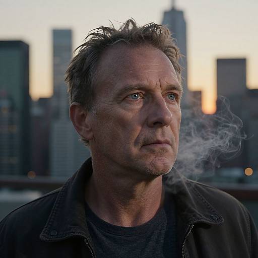 Photograph of a middle-aged man with short, tousled brown hair, blue eyes, and a serious expression, smoking, against a city skyline at