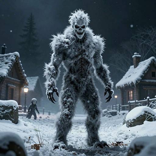 Digital art: Snow-covered, monstrous creature with glowing eyes and sharp claws stands menacingly in a snowy village at night.