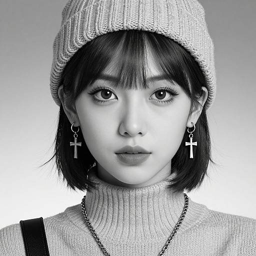 Black-and-white photograph of an East Asian woman with short black hair, wearing a knit beanie, cross earrings, and a turtleneck sweater,