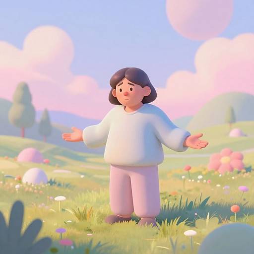 Digital cartoon of a smiling child with black hair, wearing a white sweater and pink pants, standing in a colorful, sunlit meadow with flowers and