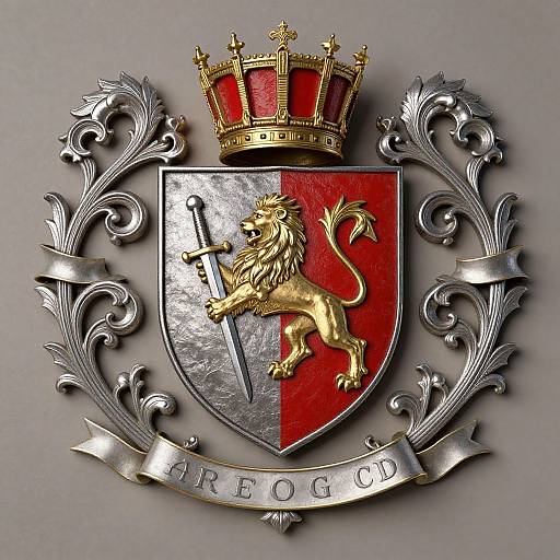 Photorealistic digital image of a royal coat of arms featuring a silver shield with a gold lion and sword, red half, crowned, surrounded by silver